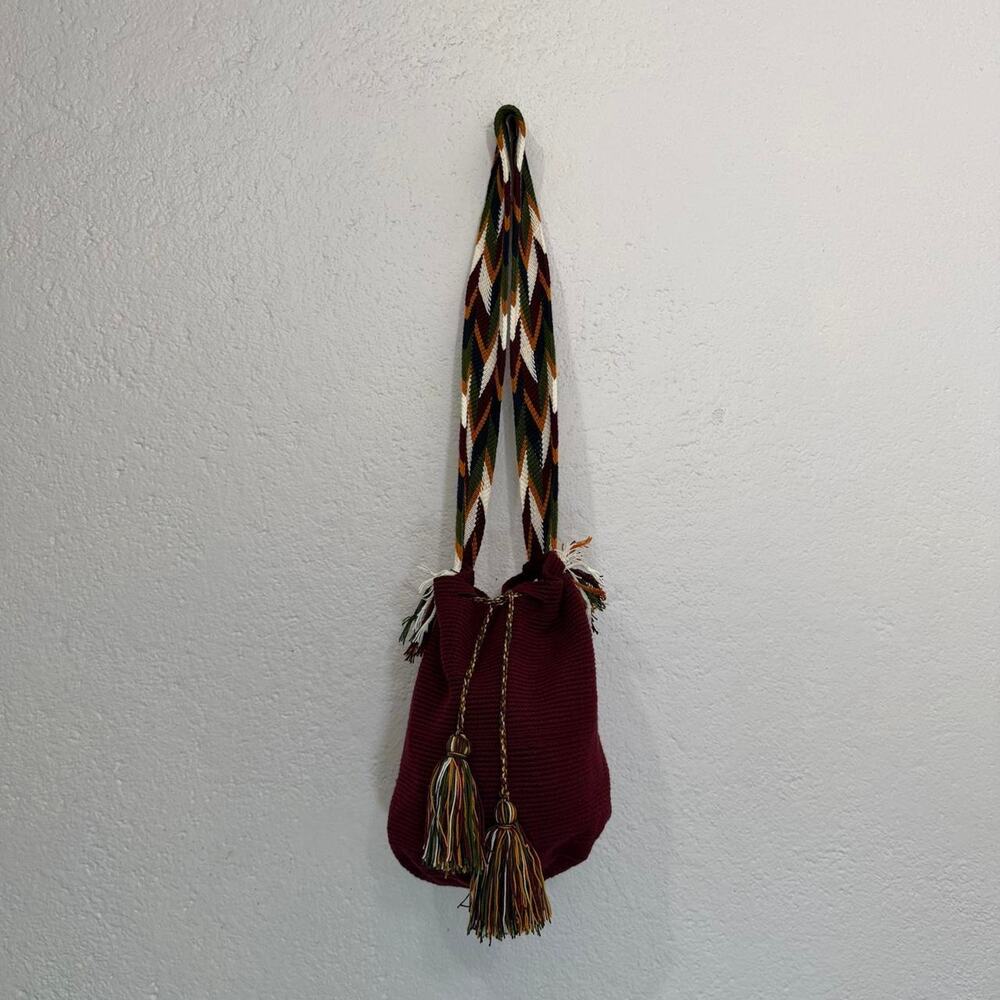 Burgundy crochet bucket bag with
